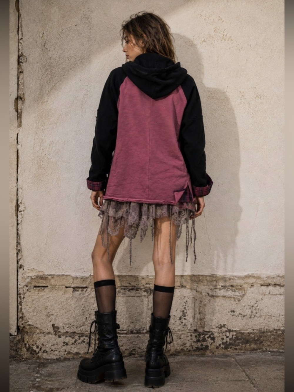 Hand Crafted Burgundy & Black Hooded Sweatshirt with 'De Luxe' Patch - Picture 2 of 11